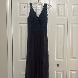 Navy Blue and Dark Plum Floor Length Dress with Sequined Embroidery Size 8